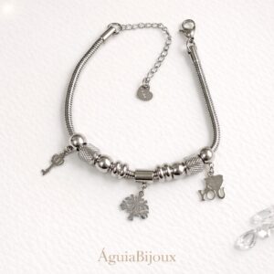 Pulseira Prata em Aço Inox com Pingentes